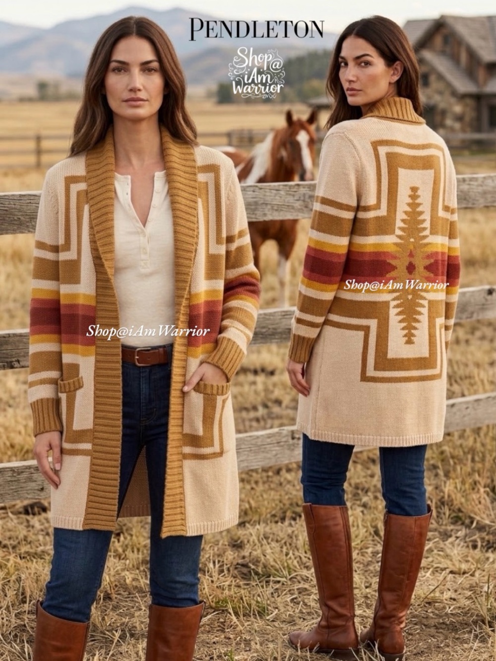 Pendleton NWT Heritage Ranch Striped Geometric Long Shawl Collar Pocket Cardigan